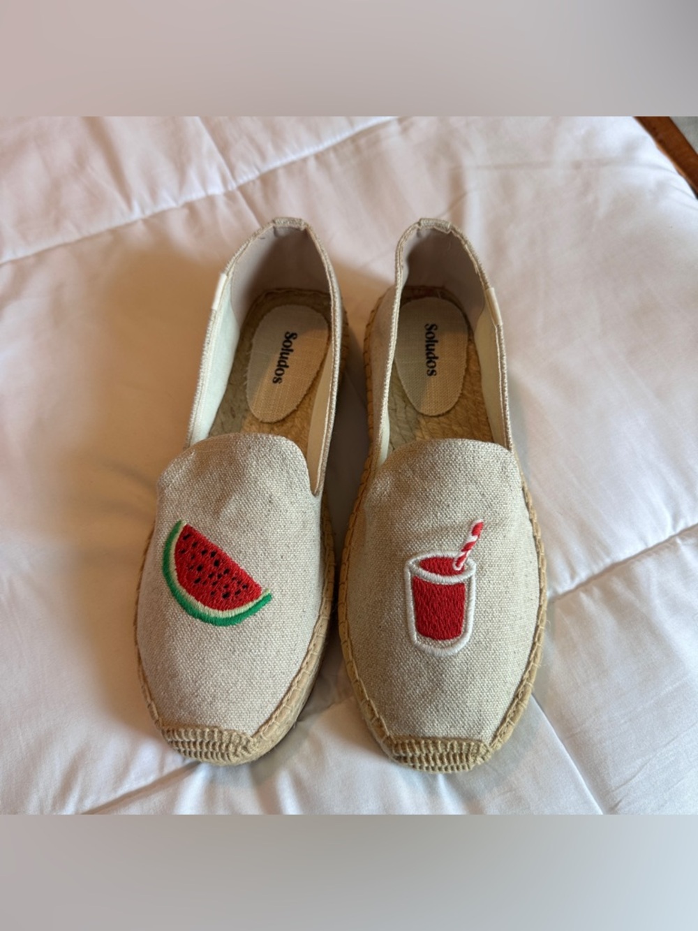 Soludos Natural Canvas Espadrilles with Watermelon & Drink Embroidery